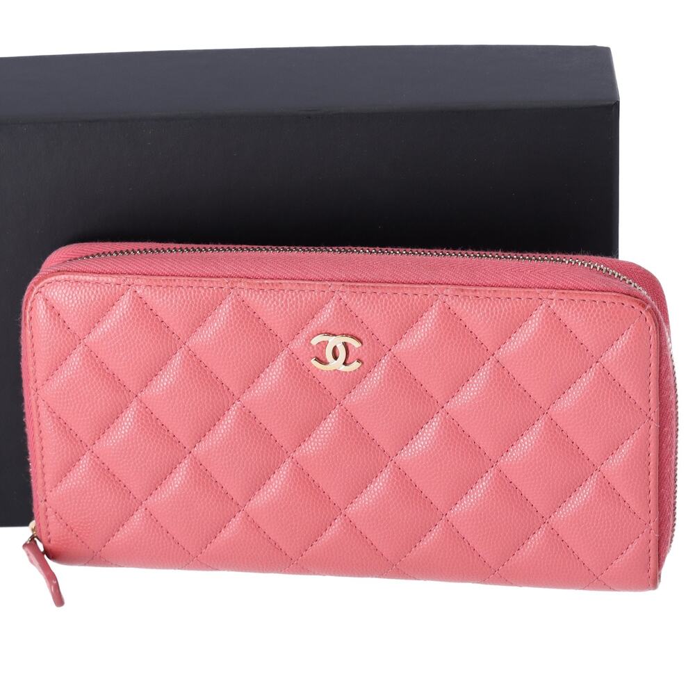 CHANEL Matelasse Long Zippy Wallet Pink Calfskin Caviar Leather
